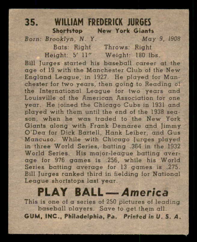 1939 Play Ball #035 Billy Jurges Giants EX-MT 558170