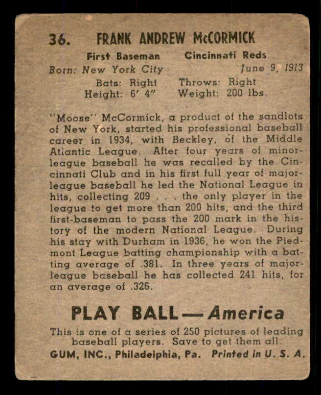 1939 Play Ball #036 Frank McCormick Reds VG 558174