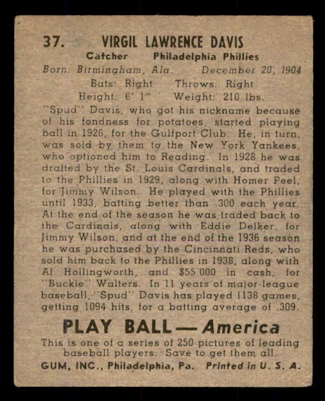 1939 Play Ball #037 Spud Davis Phillies VG 558177