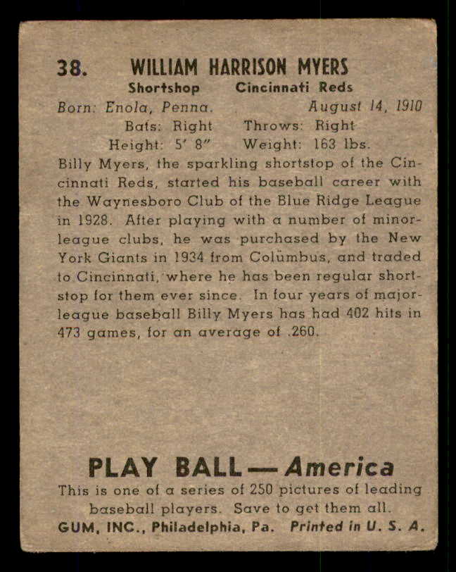 1939 Play Ball #038 Billy Myers Reds VG 558181