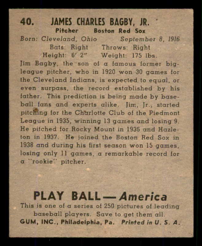 1939 Play Ball #040 Jim Bagby Red Sox EX 558185