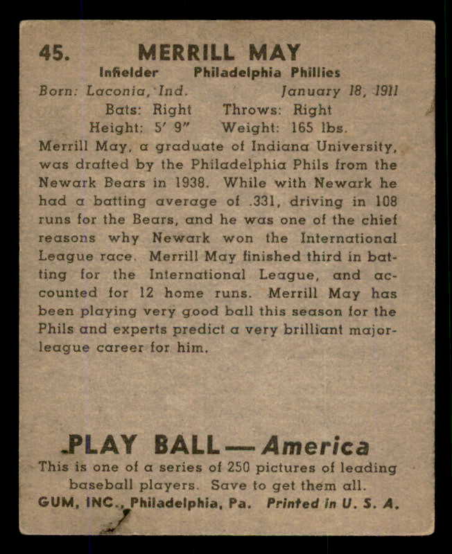 1939 Play Ball #045 Pinky May Phillies VG 558194