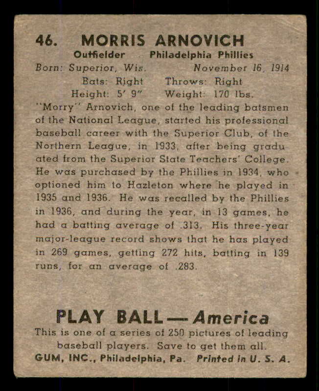 1939 Play Ball #046 Morrie Arnovich Phillies VG 558196