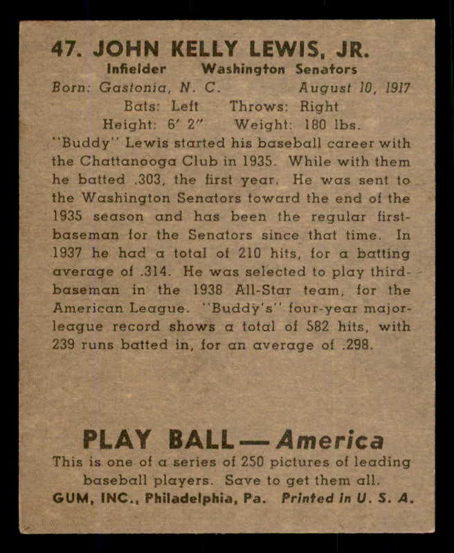1939 Play Ball #047 Buddy Lewis Senators EX-MT 558198