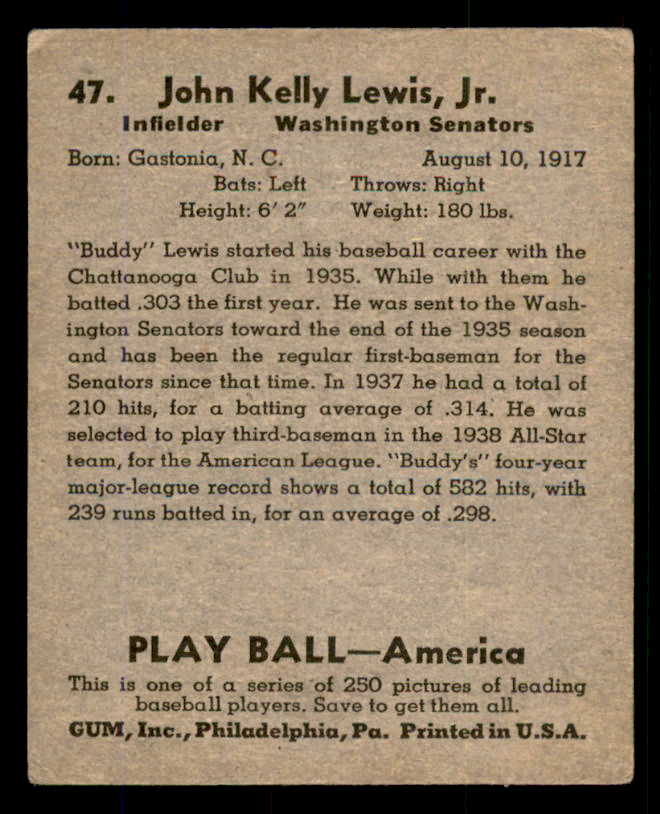 1939 Play Ball #047 Buddy Lewis Senators VG-EX 558199