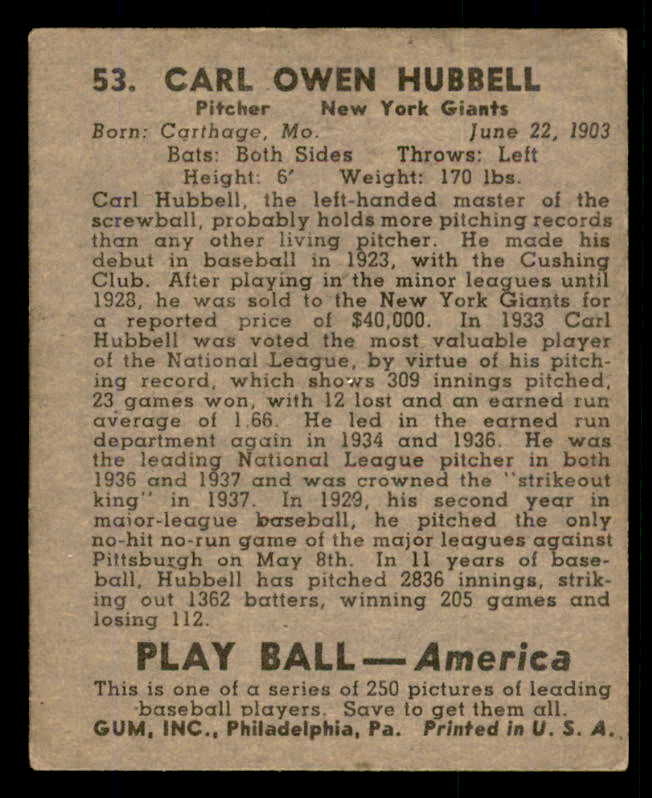 1939 Play Ball #053 Carl Hubbell Giants VG-EX 558208