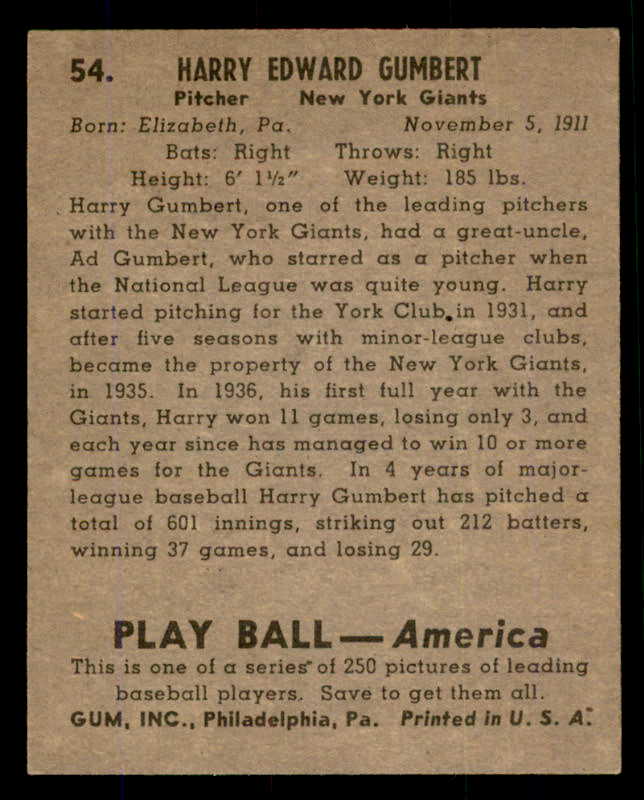 1939 Play Ball #054 Harry Gumbert Giants VG-EX 558210