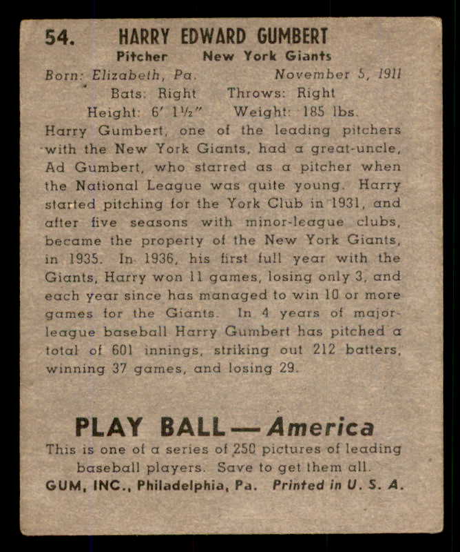 1939 Play Ball #054 Harry Gumbert Giants VG 558211