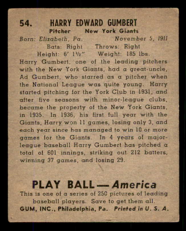 1939 Play Ball #054 Harry Gumbert Giants VG 558212