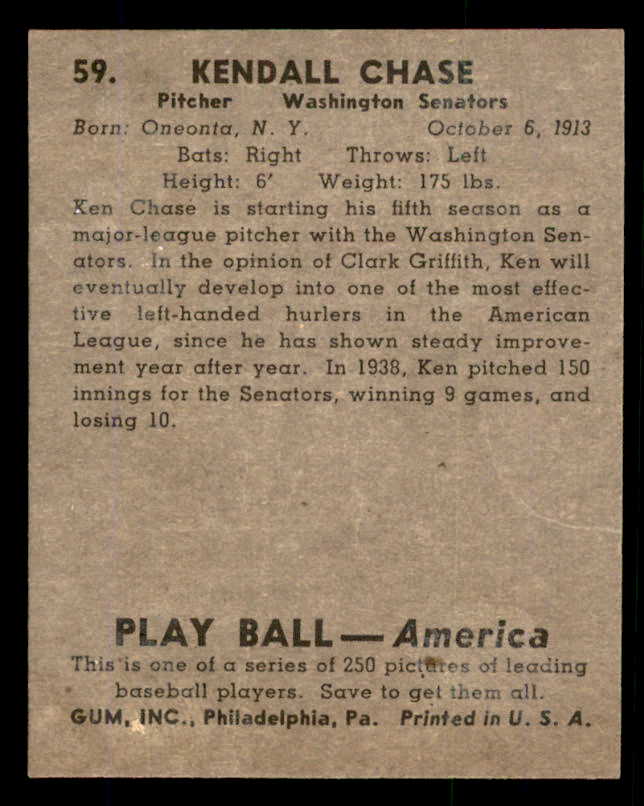 1939 Play Ball #059 Ken Chase Senators GD-VG 558223