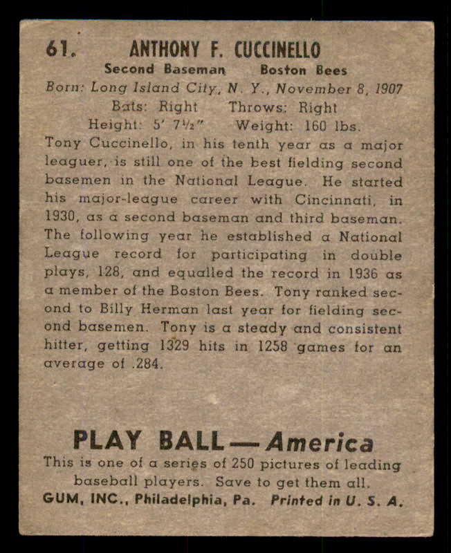 1939 Play Ball #061 Tony Cuccinello Braves VG-EX 558227