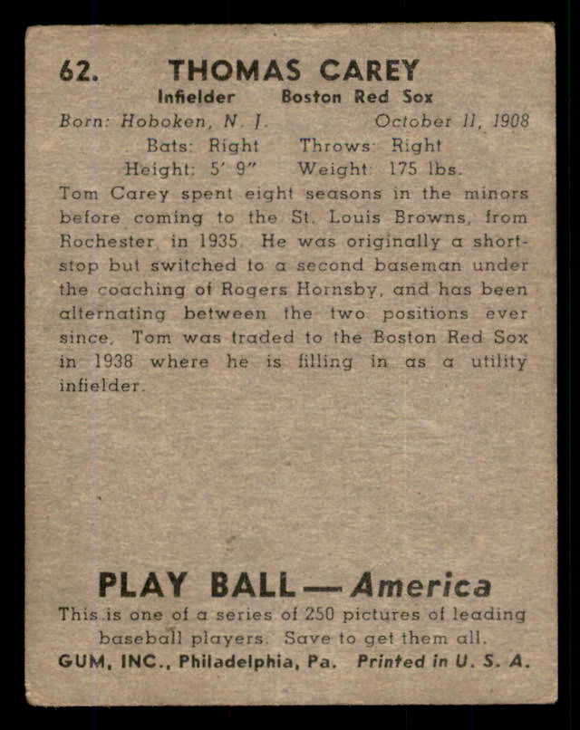 1939 Play Ball #062 Tom Carey Red Sox Good trimmed 558231