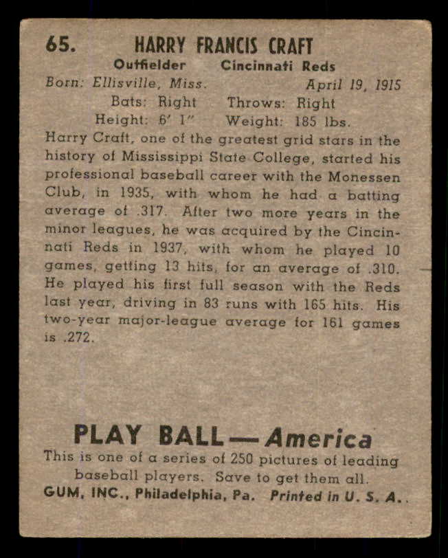 1939 Play Ball #065 Harry Craft Reds VG-EX 558239