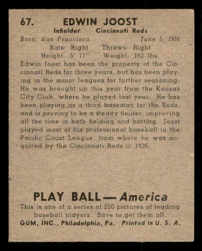1939 Play Ball #067 Eddie Joost Reds VG-EX 558248