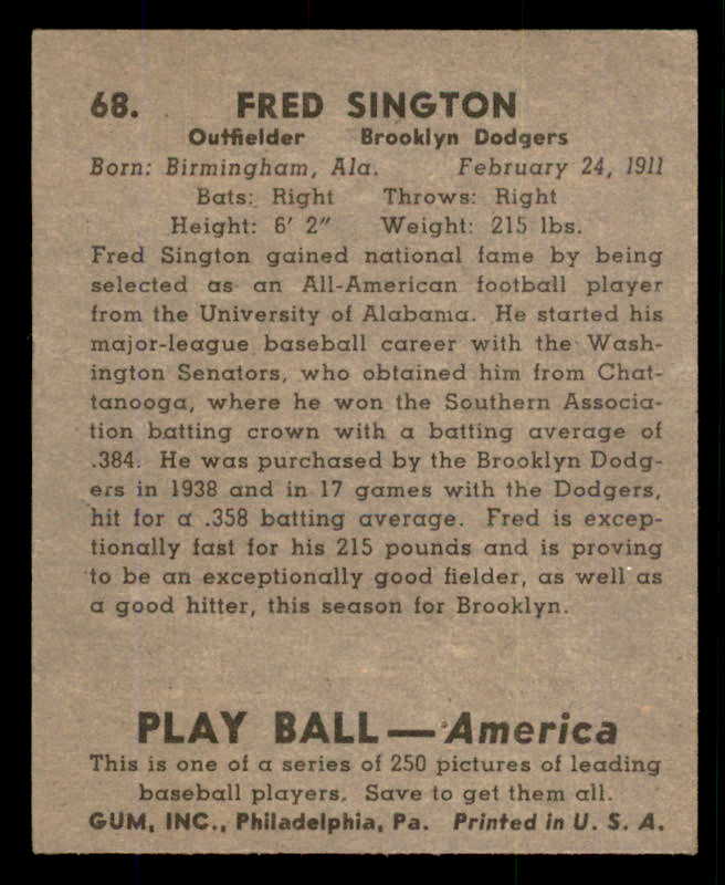 1939 Play Ball #068 Fred Sington Dodgers EX 558250