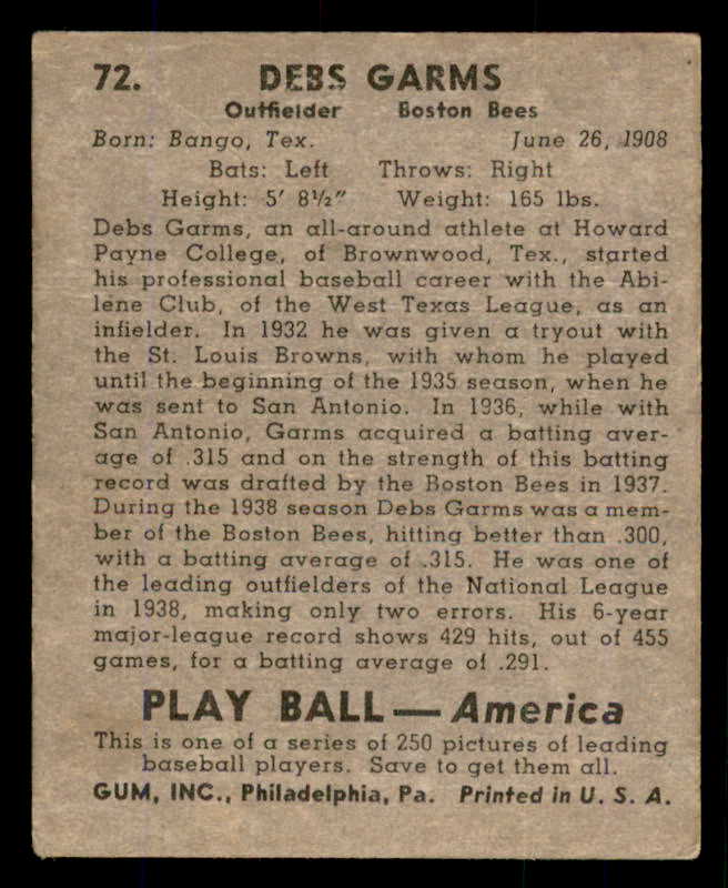 1939 Play Ball #072 Debs Garms Braves FR-GD front damage 558262