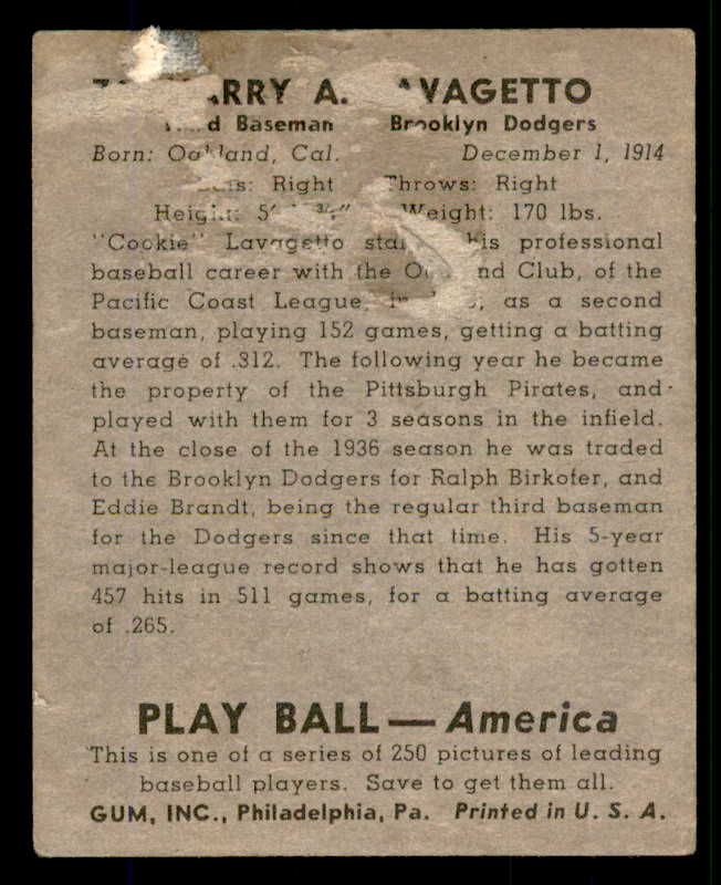 1939 Play Ball #074 Cookie Lavagetto Dodgers Good back damage 558265