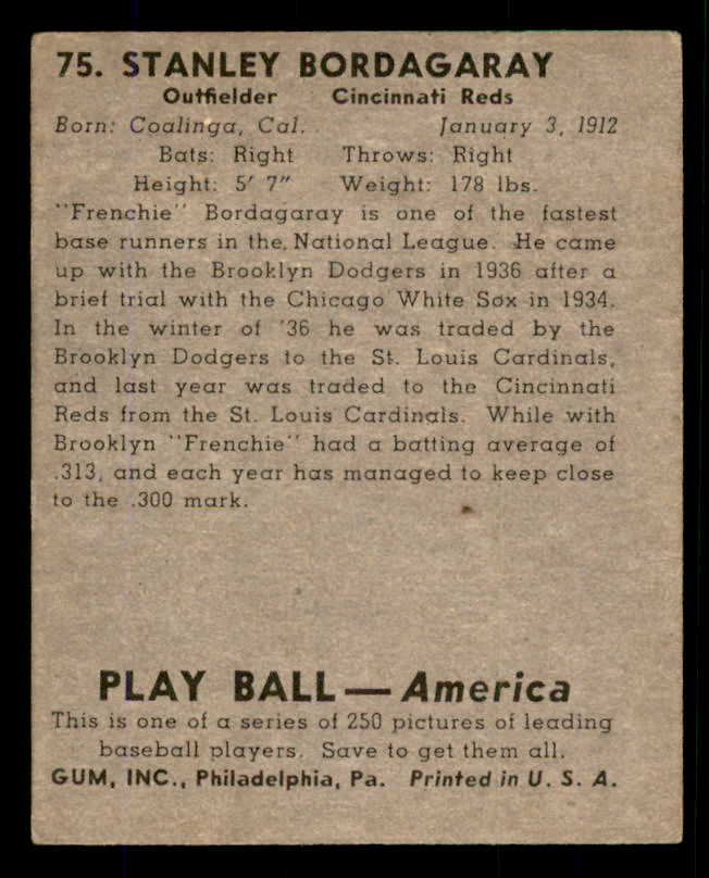 1939 Play Ball #075 Stan Bordagaray Reds Good 558267