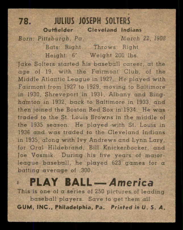 1939 Play Ball #078 Moose Solters Indians EX-MT 558272