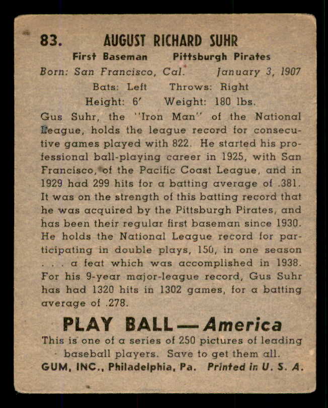 1939 Play Ball #083 Gus Suhr Pirates VG 558282
