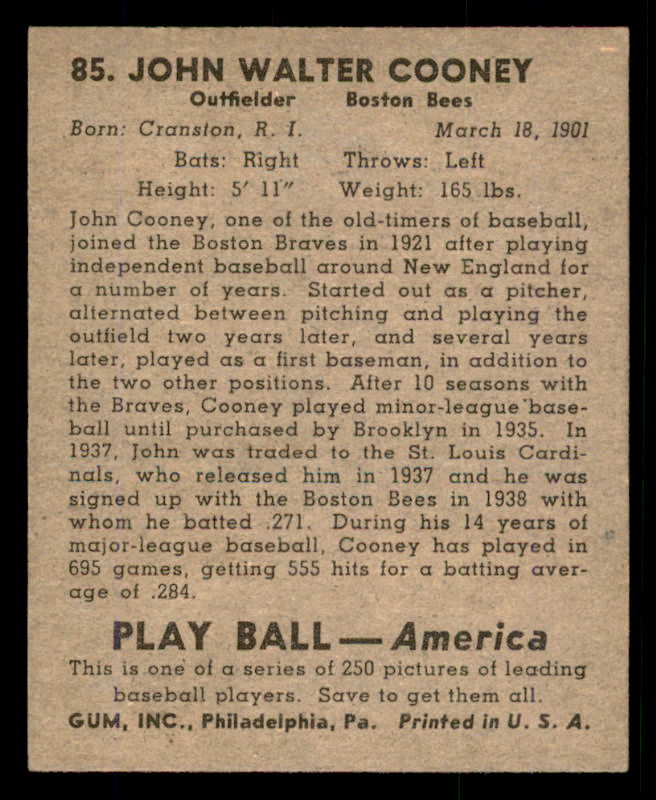 1939 Play Ball #085 Johnny Cooney Braves VG-EX/EX 558288