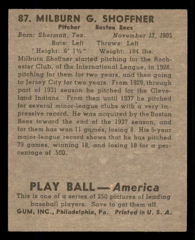 1939 Play Ball #087 Milburn Shoffner Braves EX 558293