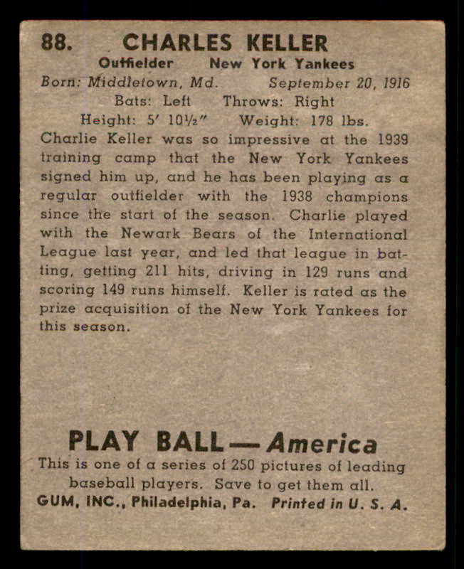 1939 Play Ball #088 Charlie Keller Yankees VG-EX/EX 558296
