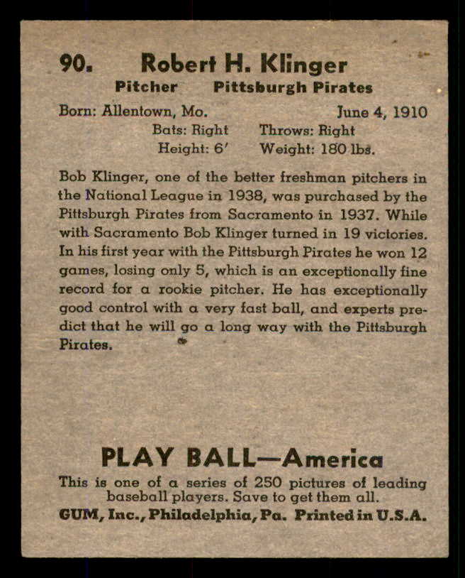 1939 Play Ball #090 Bob Klinger Pirates EX 558297