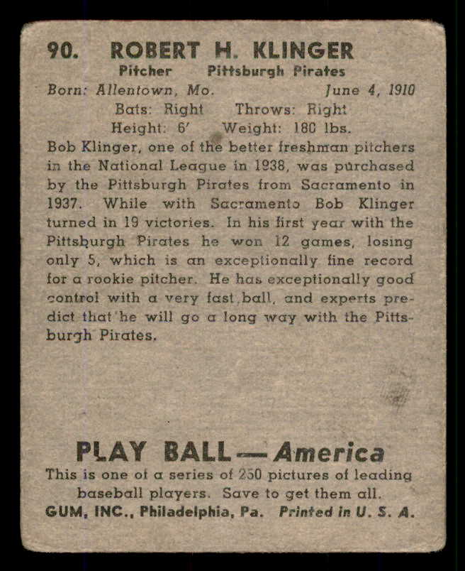 1939 Play Ball #090 Bob Klinger Pirates Good 558299
