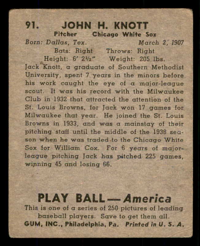 1939 Play Ball #091 Jack Knott White Sox VG 558302