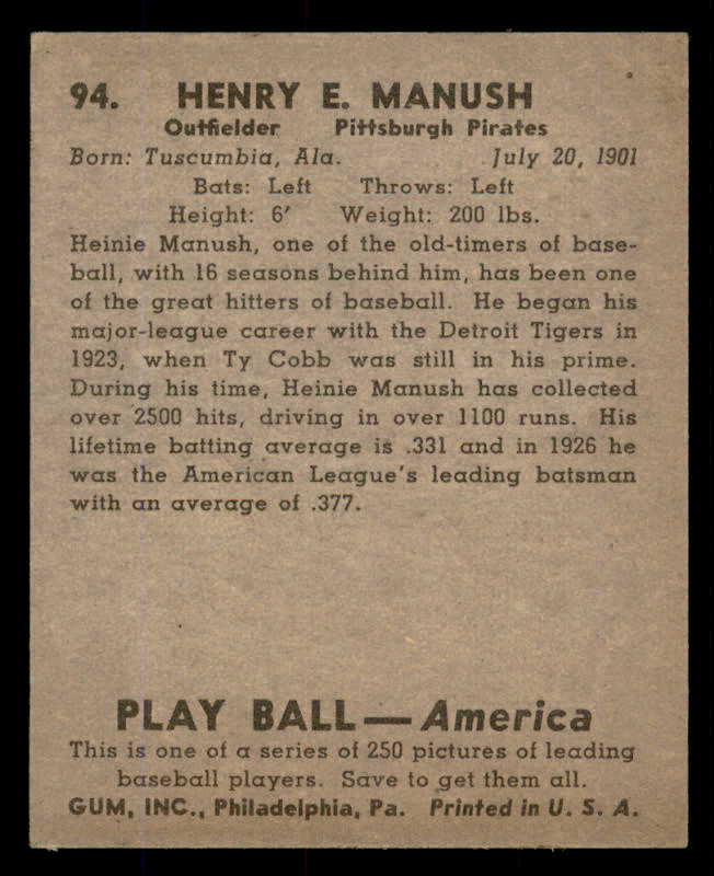 1939 Play Ball #094 Heinie Manush Pirates EX+ 558304