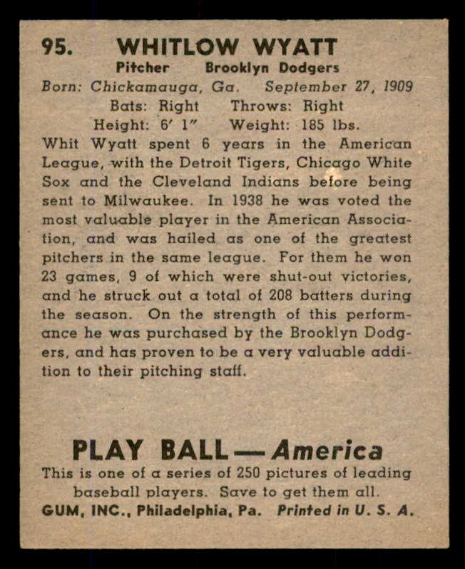 1939 Play Ball #095 Whit Wyatt Dodgers NR-MT 558306