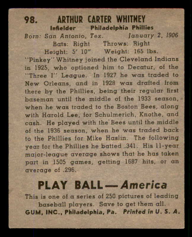 1939 Play Ball #098 Pinky Whitney Phillies EX 558315