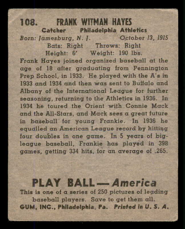 1939 Play Ball #108 Frankie Hayes A's VG 558335