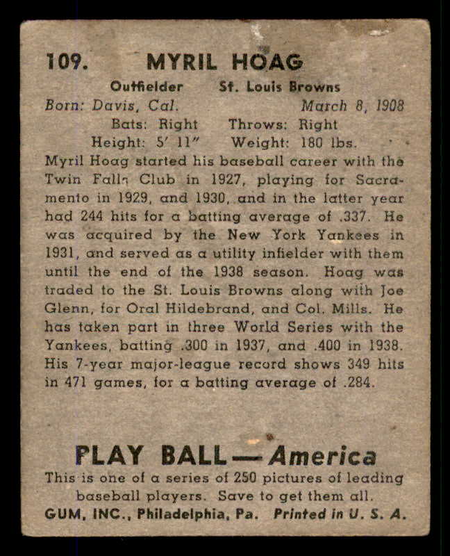 1939 Play Ball #109 Myril Hoag Browns FR-GD front damage 558338