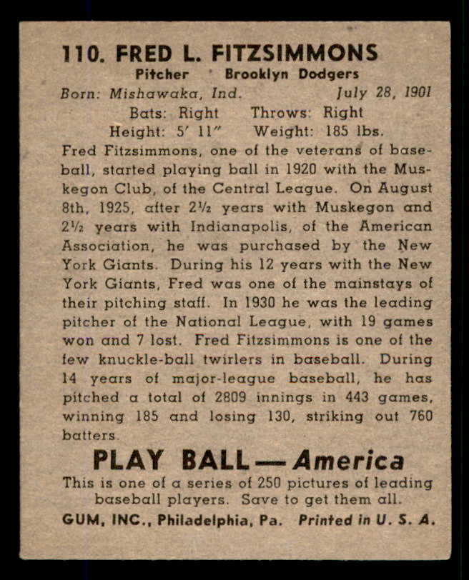 1939 Play Ball #110 Fred Fitzsimmons Dodgers EX 558340