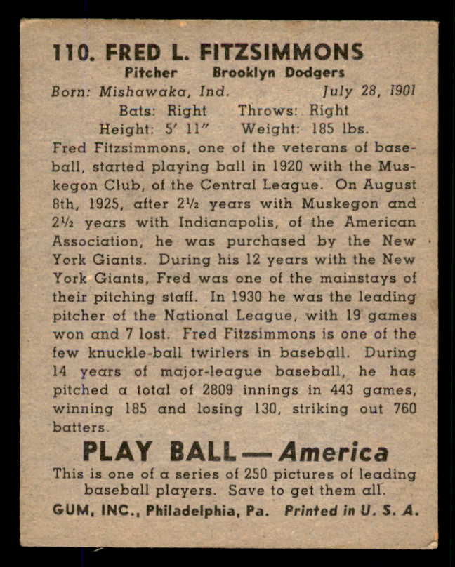 1939 Play Ball #110 Fred Fitzsimmons Dodgers GD-VG 558341