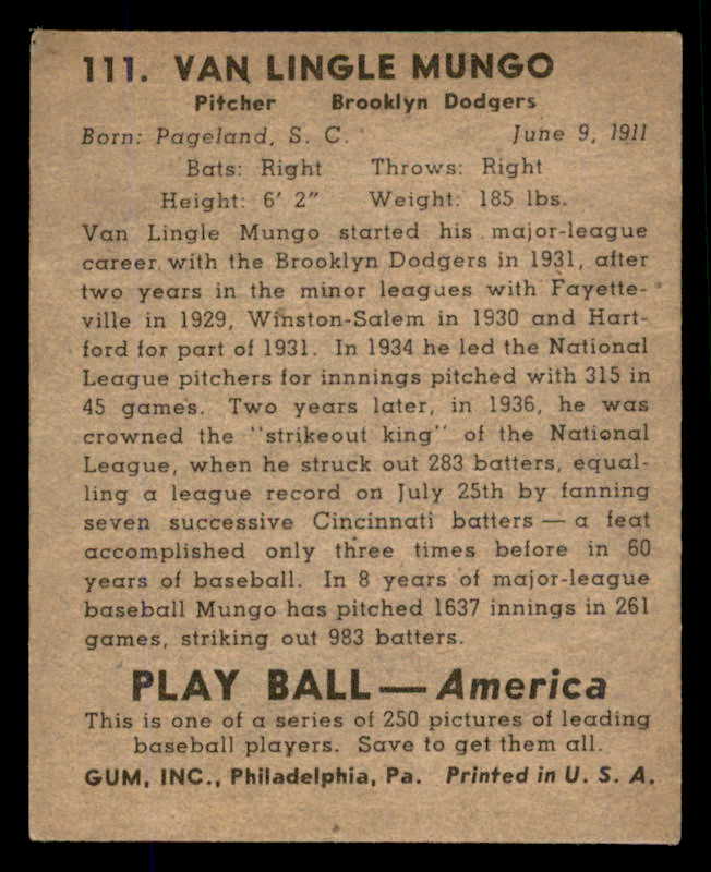 1939 Play Ball #111 Van Mungo Dodgers VG-EX 558342