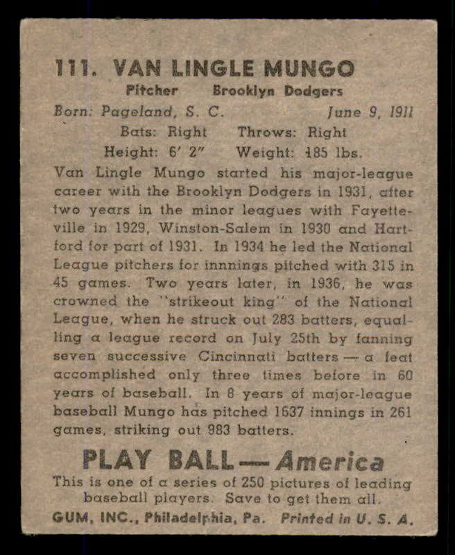 1939 Play Ball #111 Van Mungo Dodgers GD-VG 558343