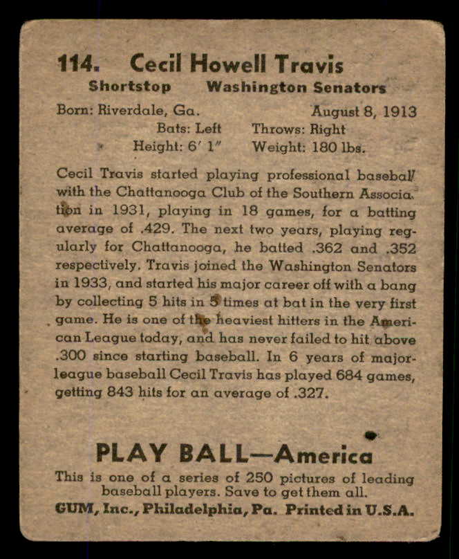 1939 Play Ball #114 Cecil Travis Senators VG 558350