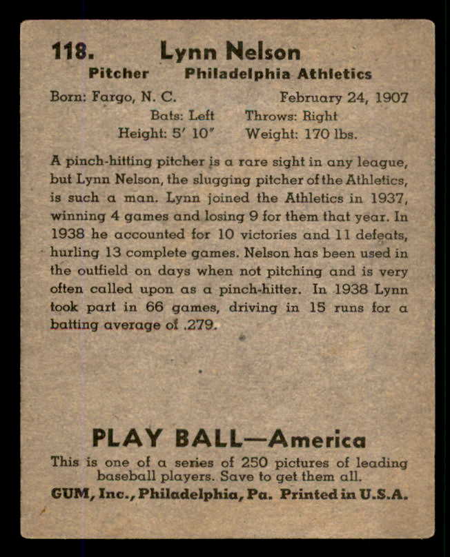 1939 Play Ball #118 Lynn Nelson A's VG 558356