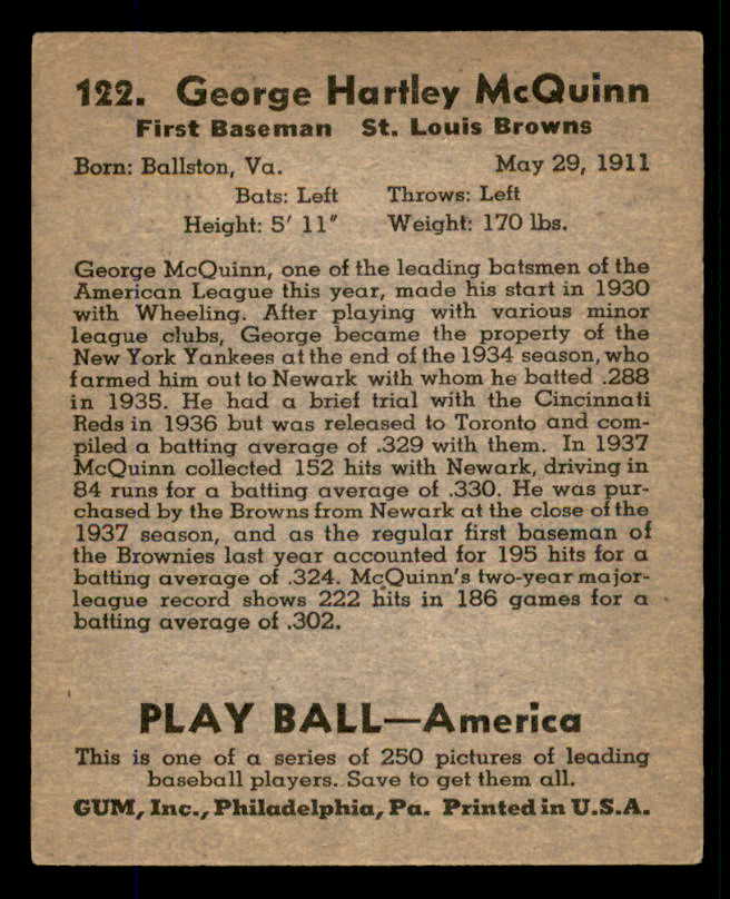1939 Play Ball #122 George McQuinn Browns EX 558361
