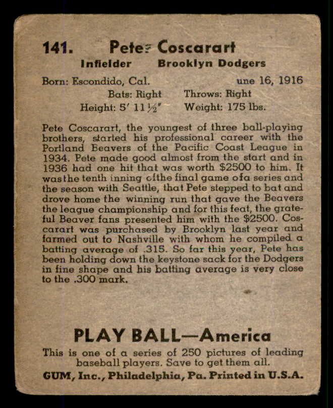 1939 Play Ball #141 Pete Coscarart Dodgers GD-VG 558377