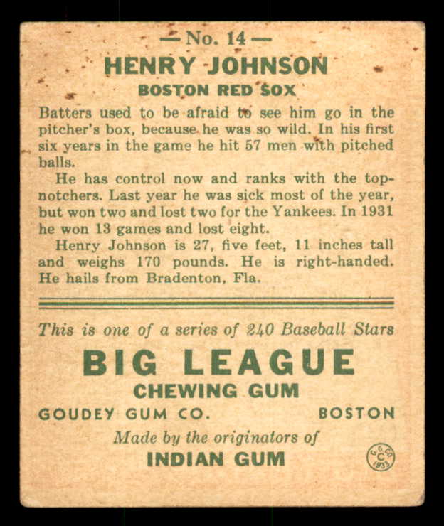1933 Goudey #014 Hank Johnson Red Sox VG-EX 558400