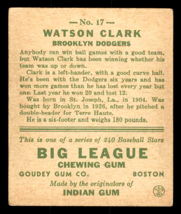1933 Goudey #017 Watson Clark Dodgers VG-EX 558402