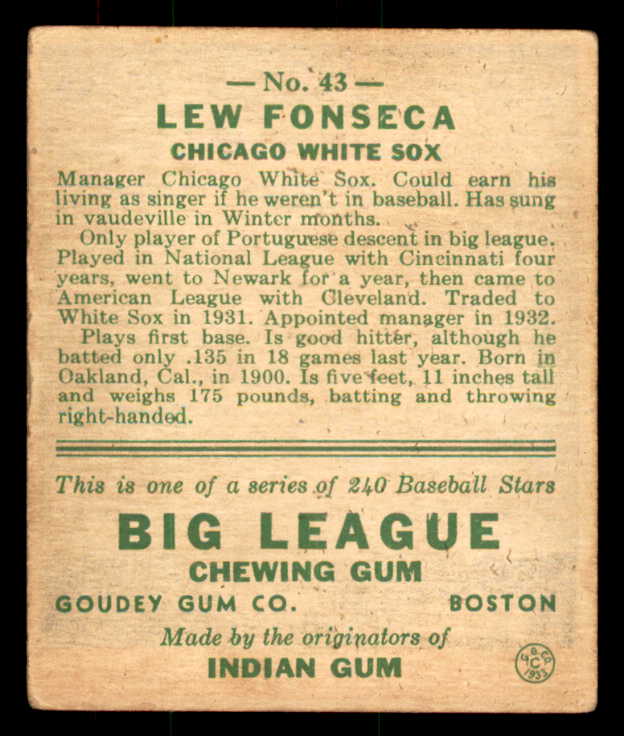 1933 Goudey #043 Lew Fonseca White Sox VG-EX 558412