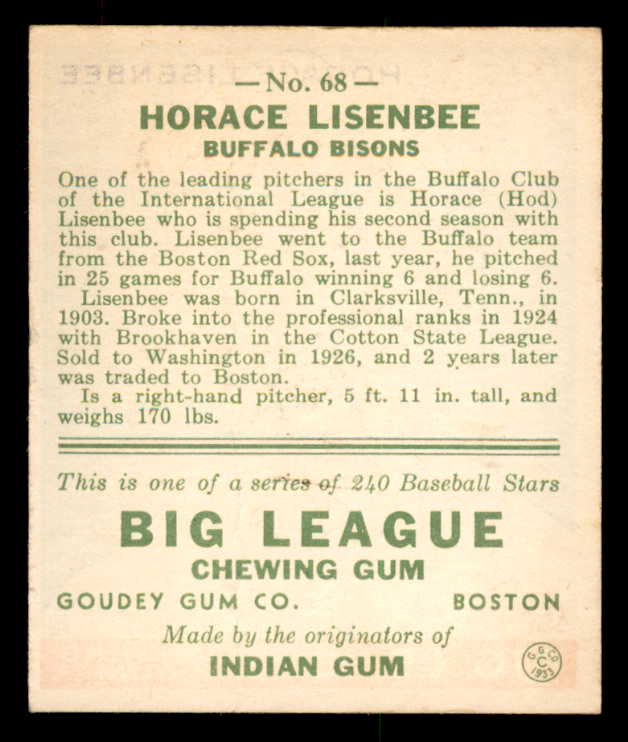 1933 Goudey #068 Hod Lisenbee Buffalo GD-VG crease 558424