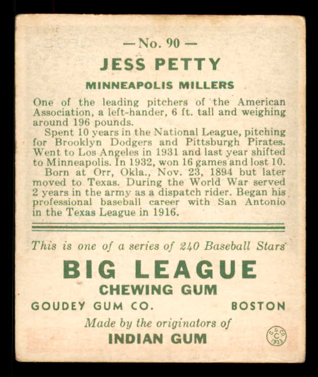 1933 Goudey #090 Jess Petty Minneapolis VG-EX 558435