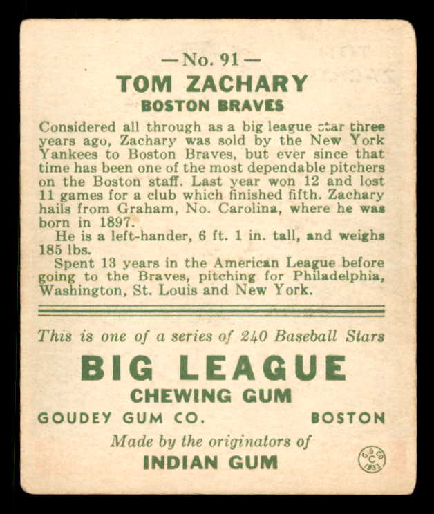 1933 Goudey #091 Tom Zachary Braves VG-EX 558436