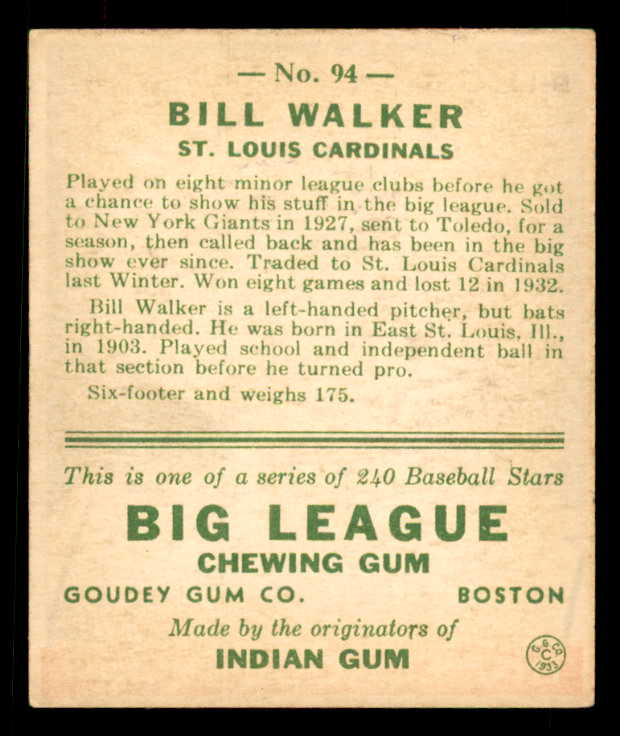 1933 Goudey #094 Bill Walker Cardinals Good trimmed 558438